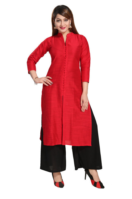 Generic Women's Silk Self Pattern Straight Kurti-Red