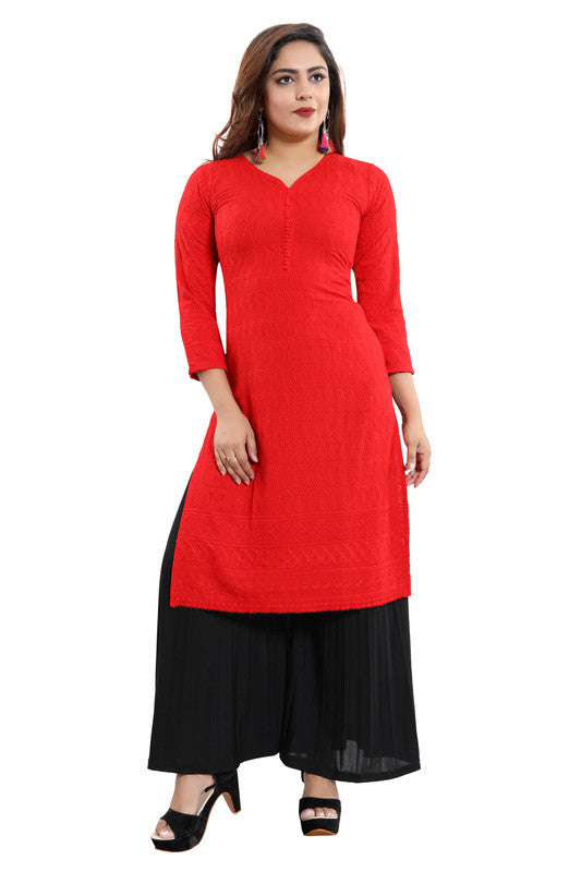 Generic Women's Rayon Embroidered Straight Kurti-Red