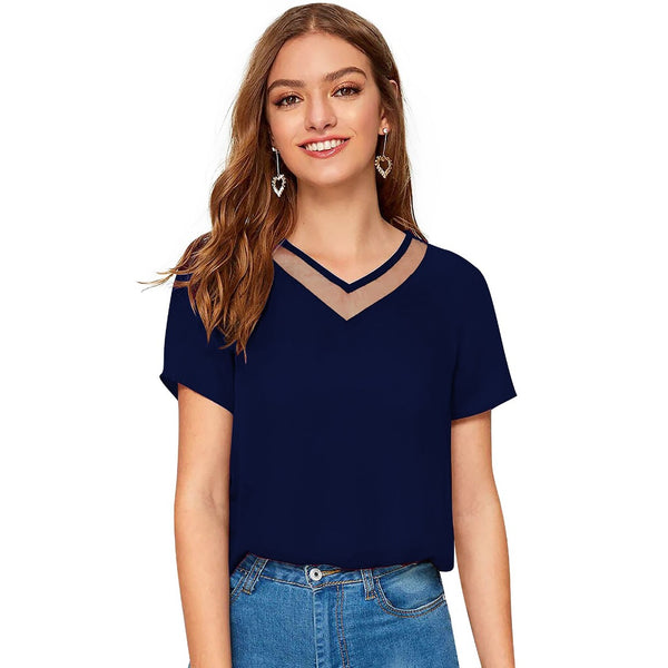 Generic Women's Polyester, Knitting Western Wear T-Shirt (Blue)