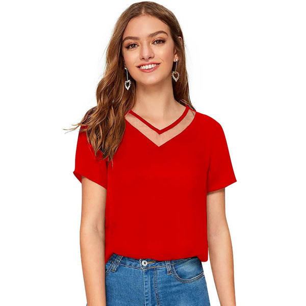 Generic Women's Polyester, Knitting Western Wear T-Shirt (Red)