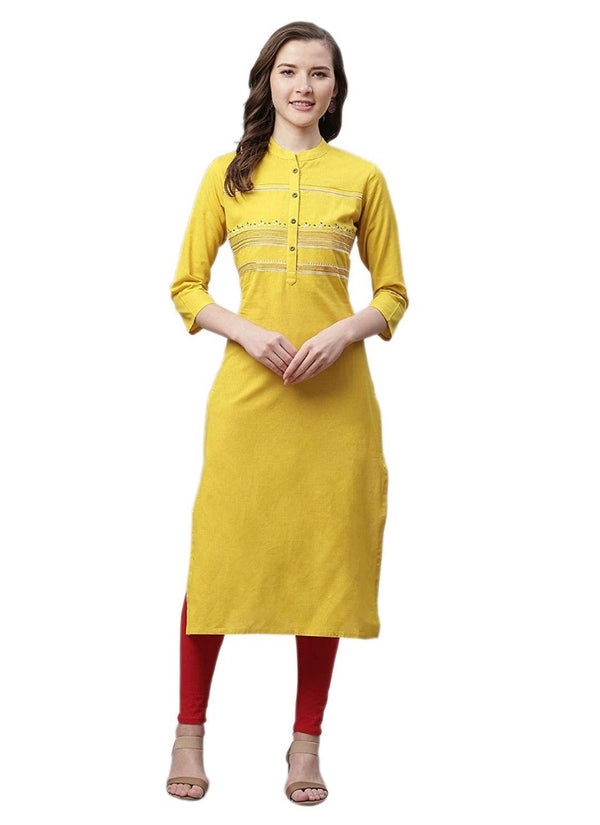 Generic Women's Pure Cotton Printed Straight Kurti (Yellow, Pure Cotton)