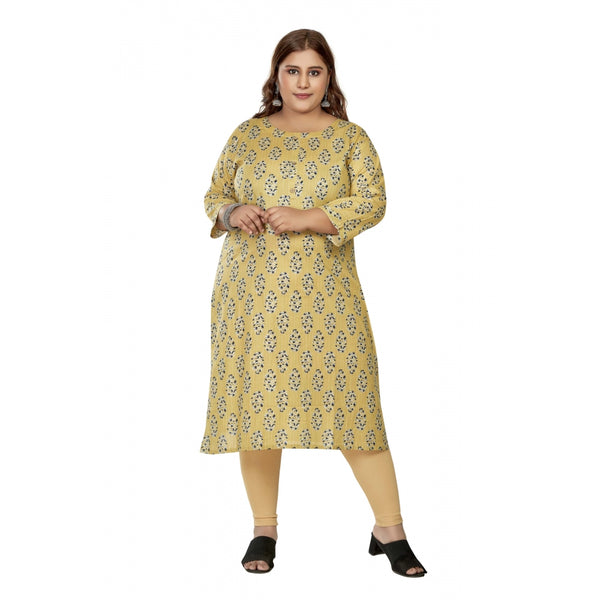 Generic Women's Casual 3/4th Sleeve Golden Foil Printed Pure Cotton Straight Kurti (Light Yellow)