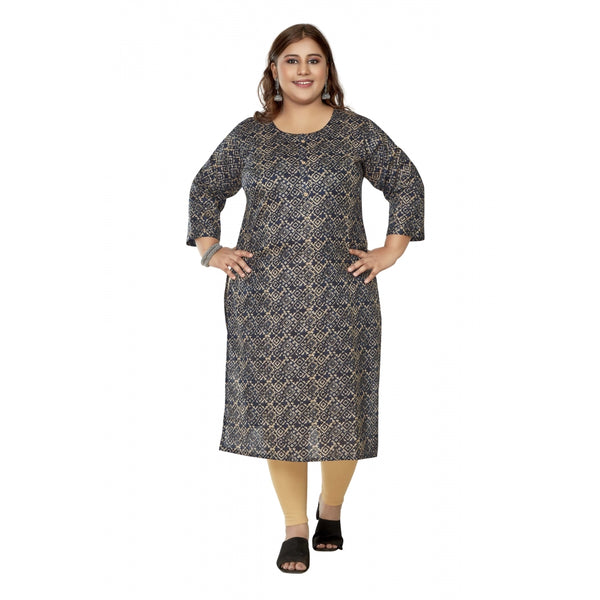Generic Women's Casual 3/4th Sleeve Golden Foil Printed Capsule Cotton Straight Kurti (Navy Blue)