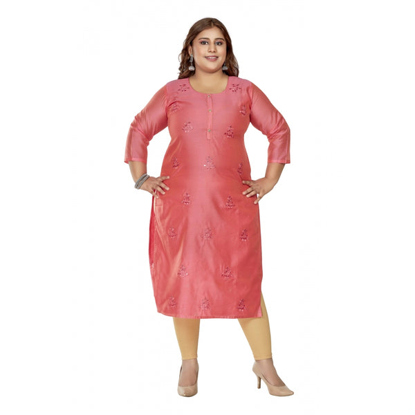 Generic Women's Casual 3/4th Sleeve Mirror Embroided Rayon Straight Kurti (Pink)