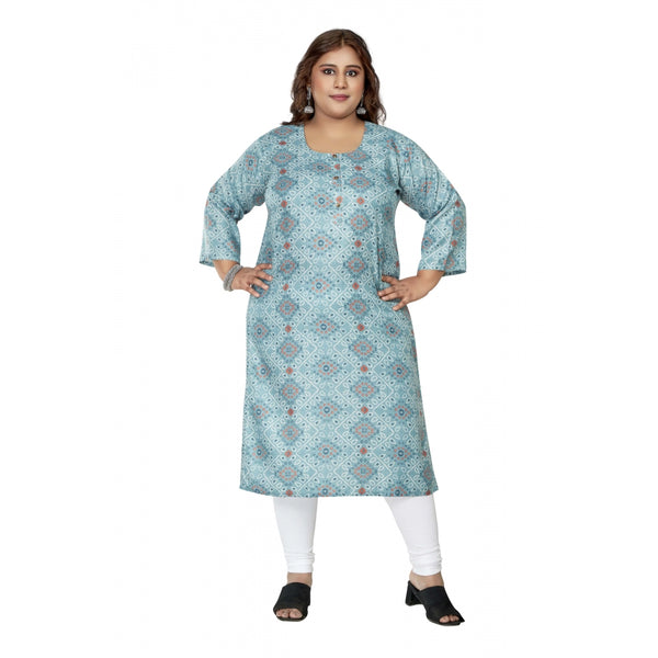 Generic Women's Casual 3/4th Sleeve Golden Foil Printed Rayon Straight Kurti (Blue)