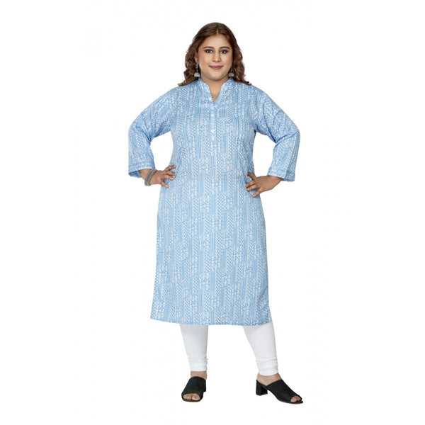 Generic Women's Casual 3/4th Sleeve Full printed Imported Synthetix Straight Kurti (Blue)