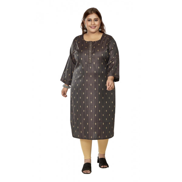 Generic Women's Casual 3/4th Sleeve Golden Embroided Cotton Mix Straight Kurti (Dark Grey)