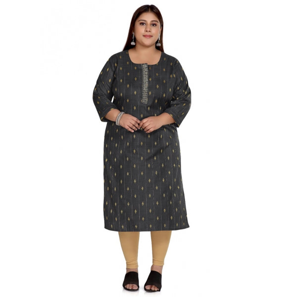 Generic Women's Casual 3/4th Sleeve Cotton Mix Golden Embroidered Straight Kurti (Black)