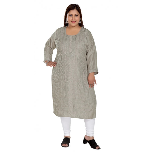 Generic Women's Casual 3/4th Sleeve Imported Fabric Self Embroidered Straight Kurti With Lining (Grey)