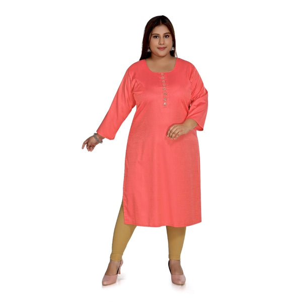Generic Women's Casual 3/4th Sleeve Rayon Mirror Embroidered Straight Kurti (Pink)