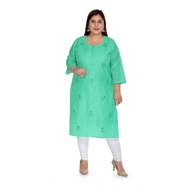 Generic Women's Casual 3/4th Sleeve Rayon Mirror Embroidered Straight Kurti (Green)