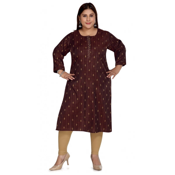 Generic Women's Casual 3/4th Sleeve Cotton Mix Golden Embroidered Straight Kurti (Maroon)