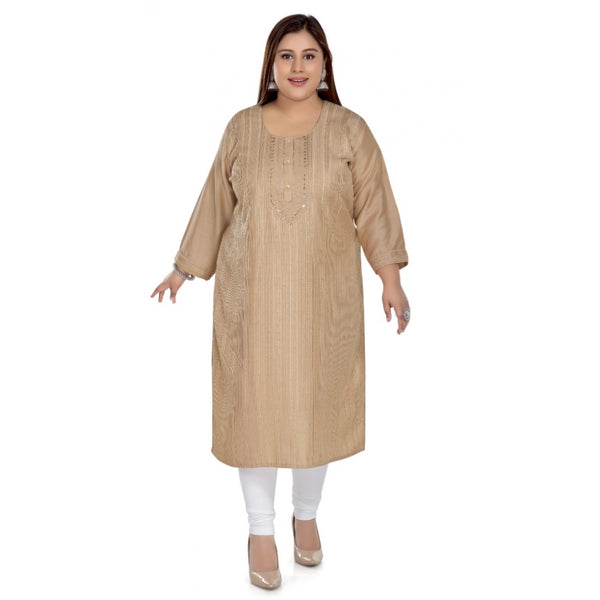 Generic Women's Casual 3/4th Sleeve Imported Fabric Self Embroidered Straight Kurti With Lining (Tan)