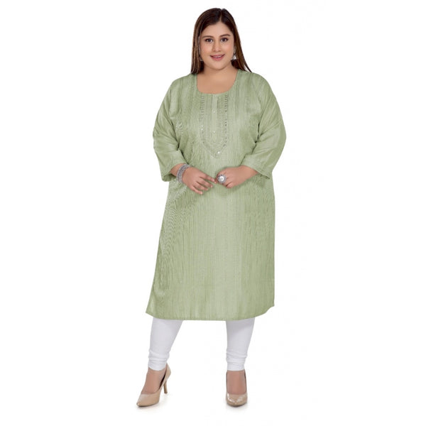 Generic Women's Casual 3/4th Sleeve Imported Fabric Self Embroidered Straight Kurti With Lining (Pista Green)