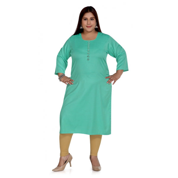 Generic Women's Casual 3/4th Sleeve Rayon Mirror Embroidered Straight Kurti (Turquoise)