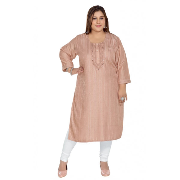 Generic Women's Casual 3/4th Sleeve Imported Fabric Self Embroidered Straight Kurti With Lining (Corel Pink)