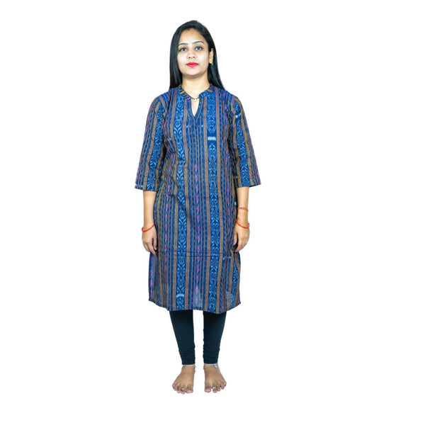 Generic Women's Sambalpuri Certified Handloom Pure Cotton Straight Kurti (Blue)
