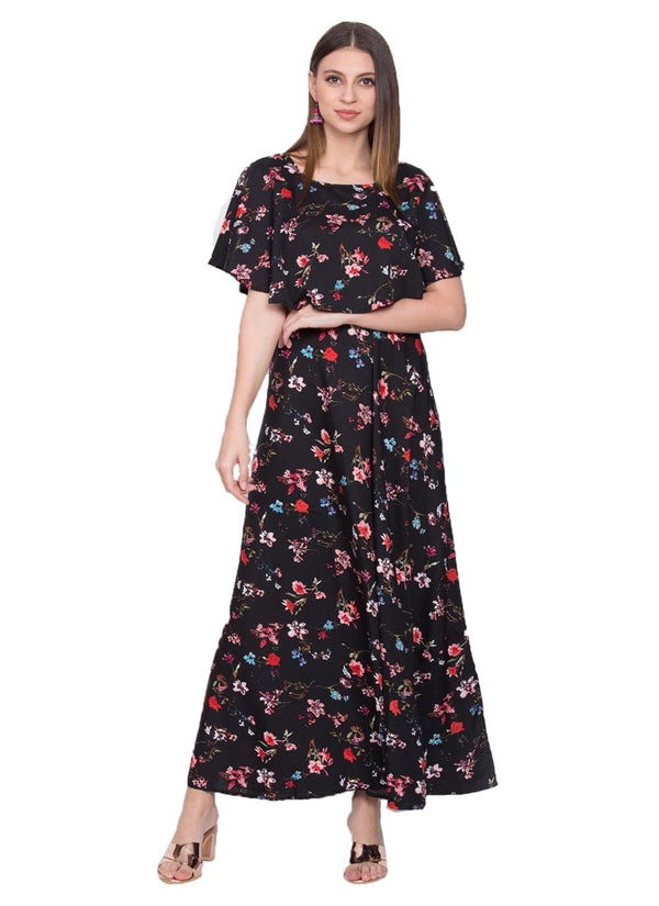Generic Women's Crepe Floral Half Sleeves Full Length Gown(Black)