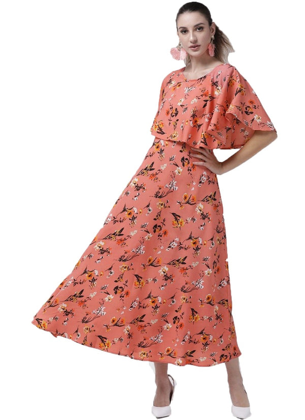 Generic Women's Crepe Floral Half Sleeves Full Length Gown(Orange)