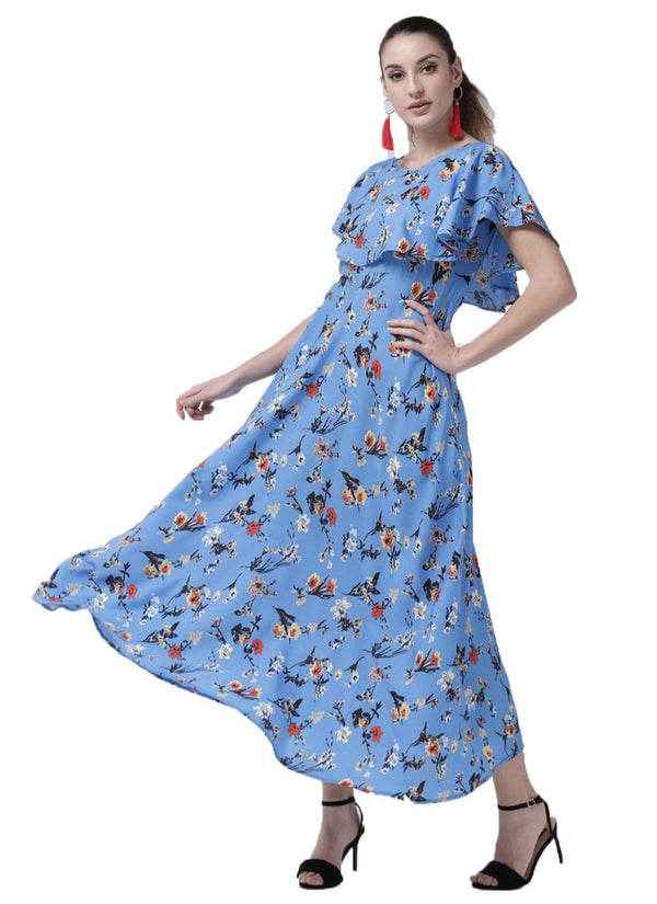 Generic Women's Crepe Floral Half Sleeves Full Length Gown(Blue)