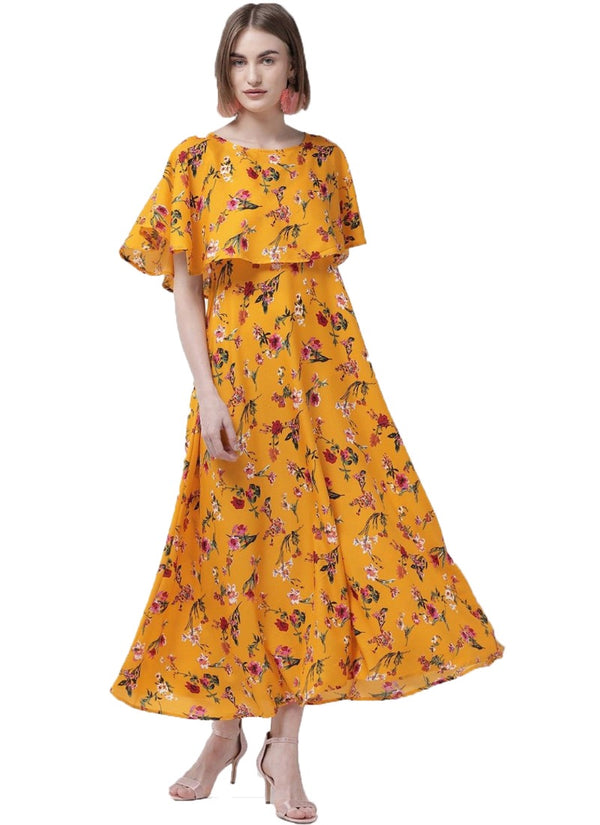 Generic Women's Crepe Floral Half Sleeves Full Length Gown(Yellow)