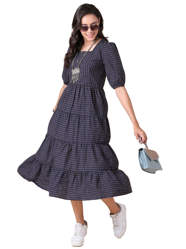 Generic Women's Cotton Check Printed Dresses (Navy Blue)
