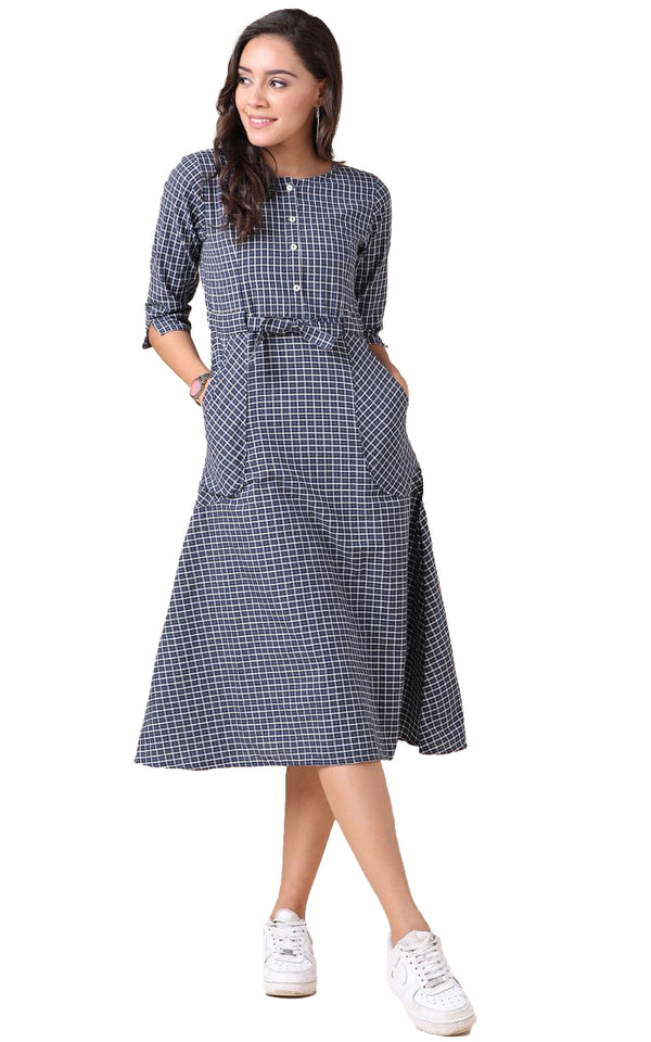 Generic Women's Cotton Check Printed Dresses (Grey)
