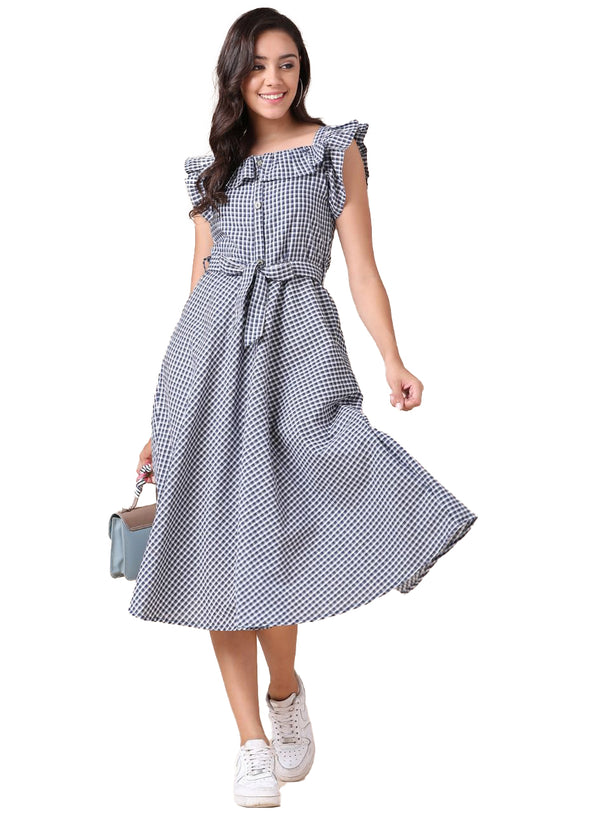 Generic Women's Cotton Check Printed Dresses (Light Grey)