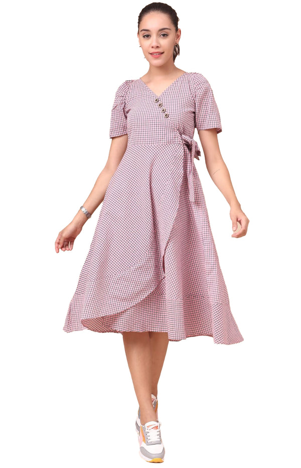 Generic Women's Cotton Check Printed Dresses (Light Pink)