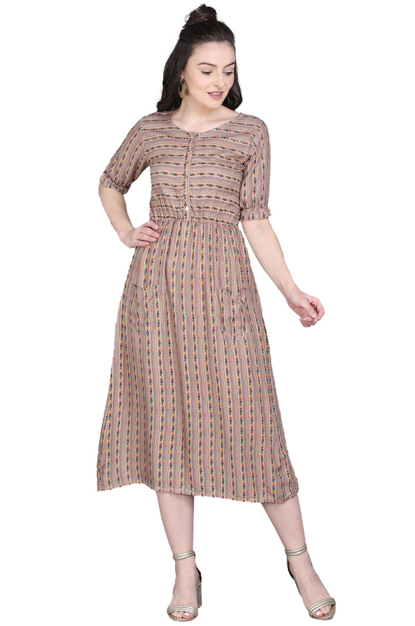 Generic Women's Rayon Foil Printed Dresses (Light Brown)