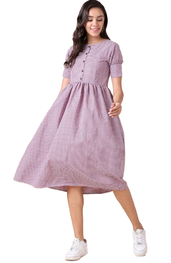 Generic Women's Cotton Check Printed Dresses (Light Pink)