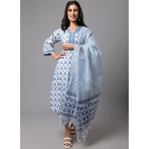 Generic Women's Cotton Blend Printed Work Kurti With Bottom And Dupatta Set (Ligtht Blue)