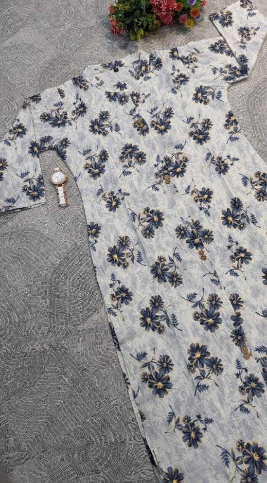 Generic Women's Cotton Blend Floral Print Pattern Knee Length Straight Kurti (Blue)