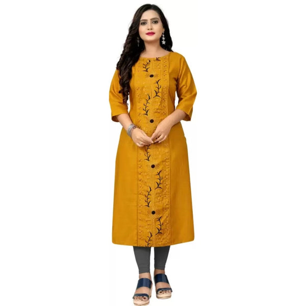 Generic Women's Cotton Blend Embroidered Pattern Calf Length Straight Kurti (Yellow)