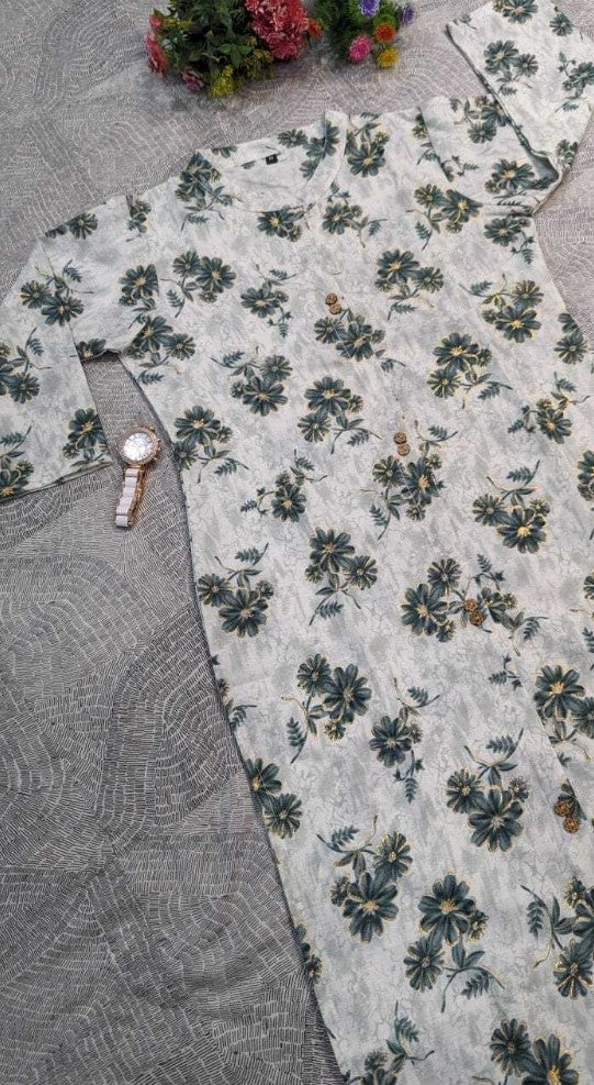 Generic Women's Cotton Blend Floral Print Pattern Knee Length Straight Kurti (Green)