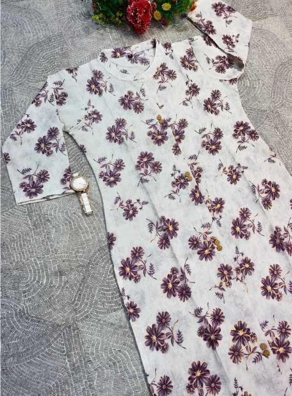 Generic Women's Cotton Blend Floral Print Pattern Knee Length Straight Kurti (Purple)