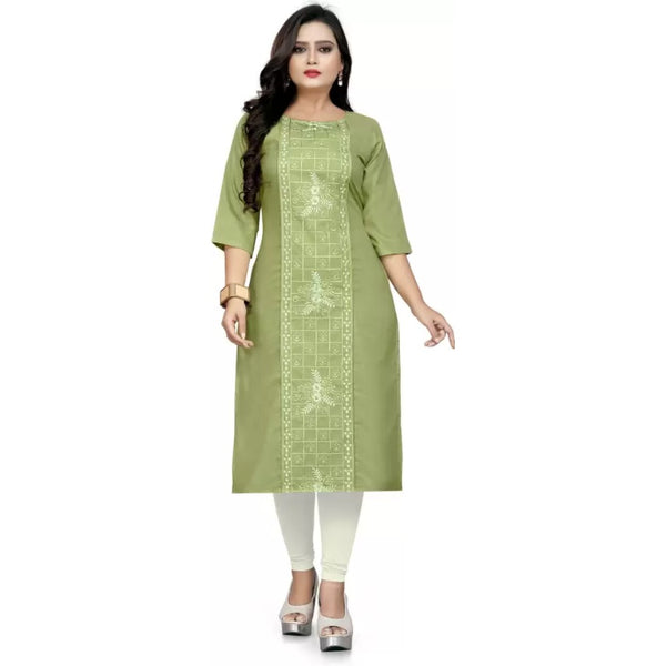Generic Women's Cotton Blend Embroidered Pattern Calf Length Straight Kurti (Green)