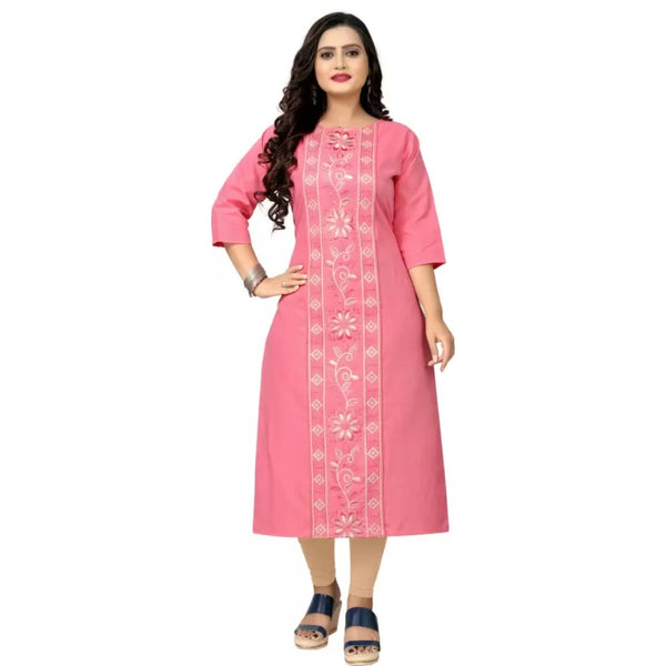 Generic Women's Cotton Blend Embroidered Pattern Calf Length Straight Kurti (Pink)