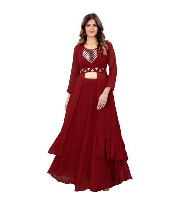 Generic Women's Embroidery Gotapatti Work Georget Long Gown (Maroon)