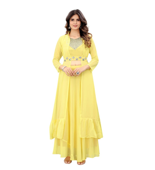 Generic Women's Embroidery Gotapatti Work Georget Long Gown (Yellow)