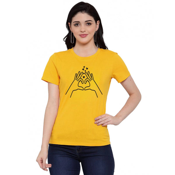 Generic Women's Cotton Blend Heart Hands Line Art Printed T-Shirt (Yellow)