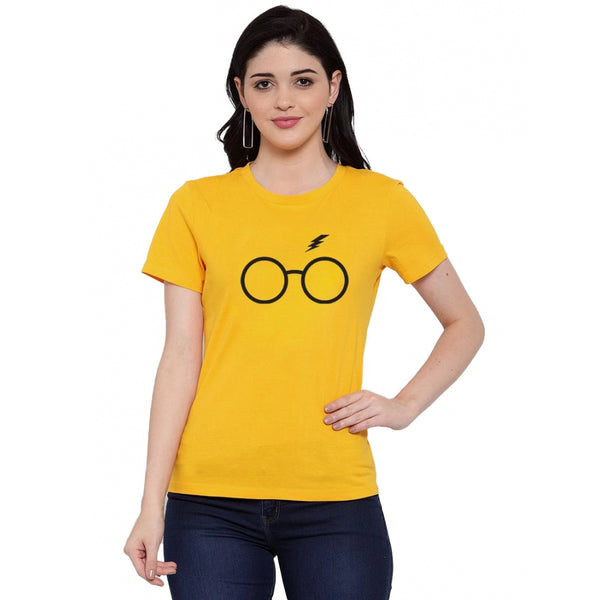 Generic Women's Cotton Blend Centre Black Eye Glasses Line Art Printed T-Shirt (Yellow)
