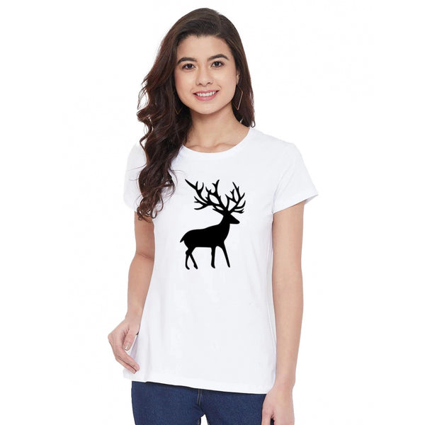 Generic Women's Cotton Blend Deer Printed T-Shirt (White)