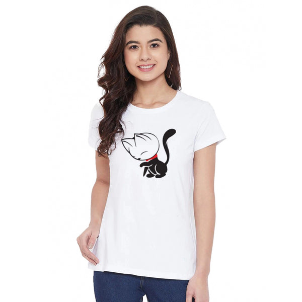 Generic Women's Cotton Blend Cat Printed T-Shirt (White)