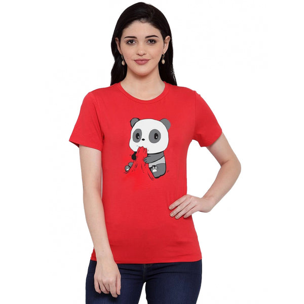 Generic Women's Cotton Blend Panda Bites Printed T-Shirt (Red)