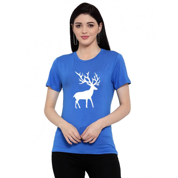 Generic Women's Cotton Blend Deer Printed T-Shirt (Blue)