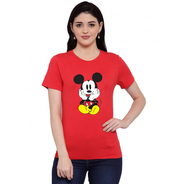 Generic Women's Cotton Blend Mickey Mouse Printed T-Shirt (Red)