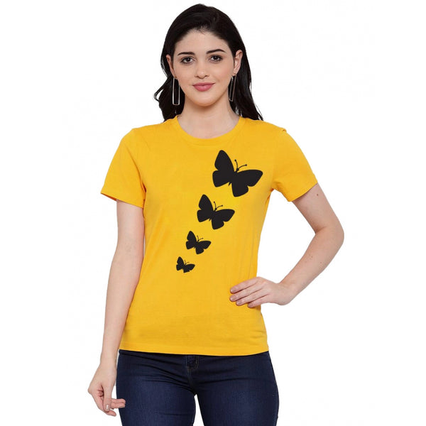 Generic Women's Cotton Blend Butterflies Printed T-Shirt (Yellow)
