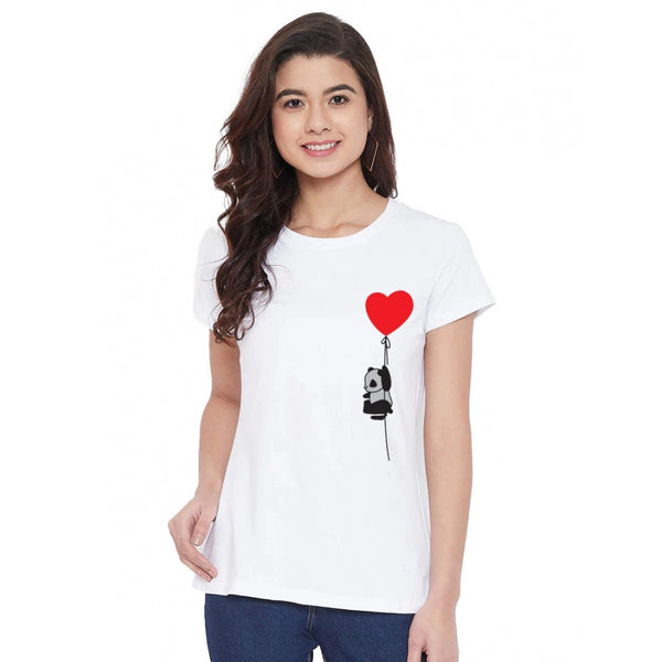 Generic Women's Cotton Blend Panda With Heart Balloon Printed T-Shirt (White)