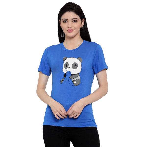 Generic Women's Cotton Blend Panda Bites Printed T-Shirt (Blue)